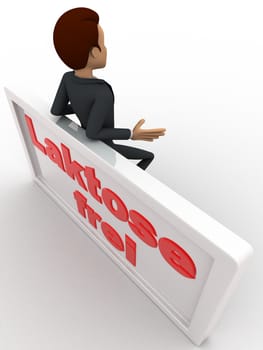 3d man leaning on lakstose frel board concept on white background, top angle view