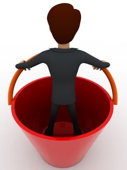 3d man standing inside big bucket concept on white background, back angle view