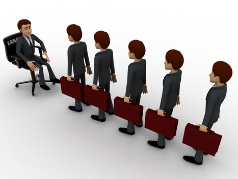 3d men going for interview in long queue concept on white background ,  top angle view