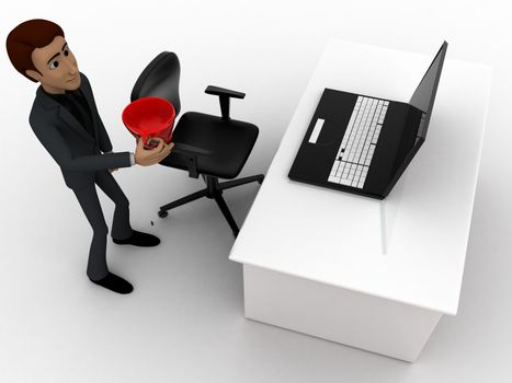 3d man in office with coffee sup and working on laptop concept on white background, top angle view