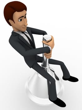 3d man sitting on big metalic bell concept on white background, top angle view