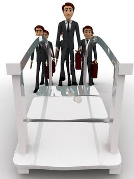 3d man going for work and crossing bridge concept on white background, front angle view