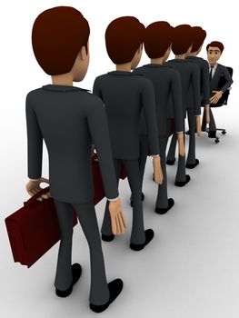 3d men going for interview in long queue concept on white background,  back angle view