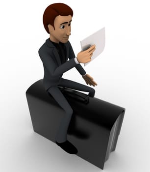 3d man sitting on briefcase and reading paper concept on white background, front angle view