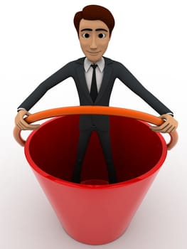 3d man standing inside big bucket concept on white background, front angle view