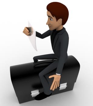 3d man sitting on briefcase and reading paper concept on white background, side angle view