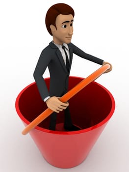 3d man standing inside big bucket concept on white background, side angle view