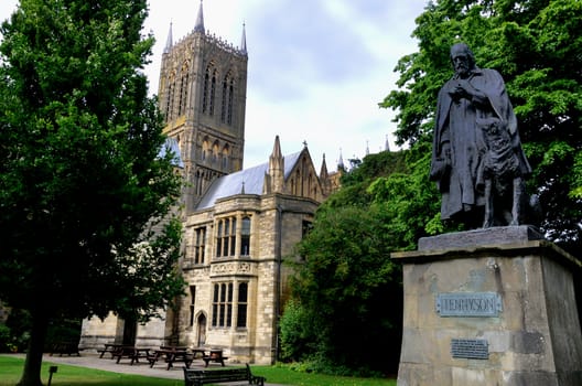 Lincoln Cathedral and statue of Tennyson