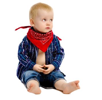 Little boy in gangster kerchief around his neck on a white background