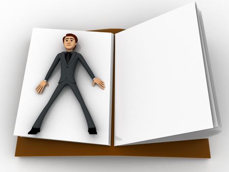 3d man sleeping inside book concept on white background,  top  angle view