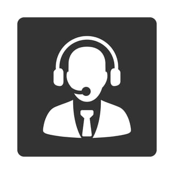Call center icon. Glyph style is white and gray colors, flat rounded square button on a white background.