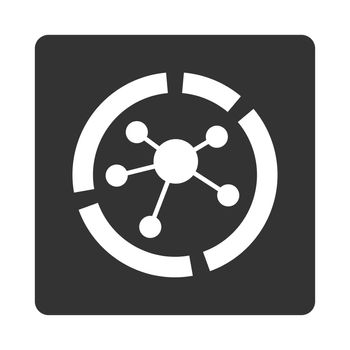 Connections diagram icon. Glyph style is white and gray colors, flat rounded square button on a white background.