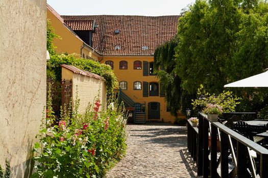 Colored traditional classical Danish houses Faaborg Funen Denmark                                  