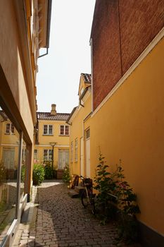 Colored traditional classical Danish houses Faaborg Funen Denmark                                  