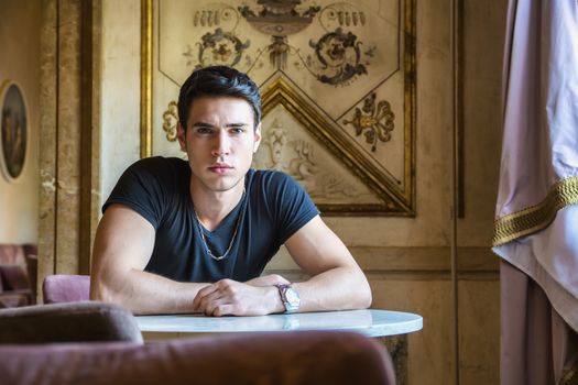 Portrait of Serious Attractive Young Man Sitting at Table Leaning on it and Staring at Camera in Room Decorated with Gold Framed Artwork