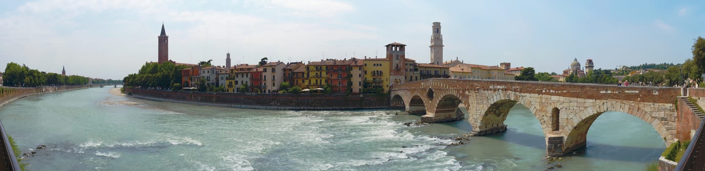 VERONA, ITALY - JULY 13: Stitched panorama of Verona showing Adige river and Pietra Bridge. July 13, 2015 in Verona.