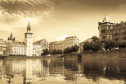 View of monuments from the river in Prague.