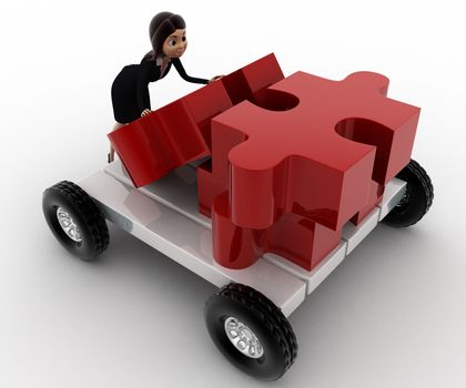 3d woman push puzzle piece on hand truck concept on white background, side angle view
