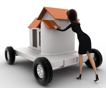 3d woman draw home on handtruck concept on white background, side  angle view