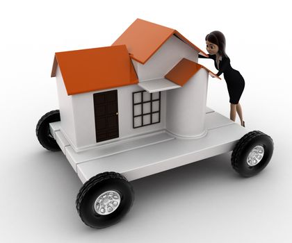 3d woman draw home on handtruck concept on white background, side  angle view