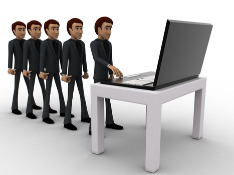 3d man in queue and working on laptop concept on white background,  front angle view