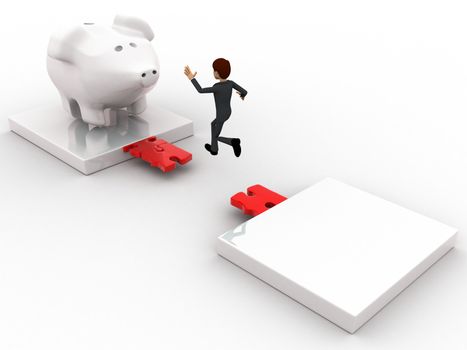 3d man jumping and crossing gap to reach to big piggybank concept on white background, top angle view