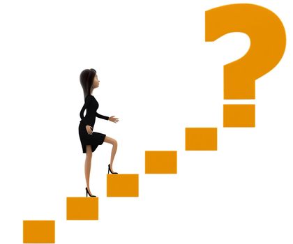 3d woman walking on stairs toward golden question mark concept on white background, front angle view