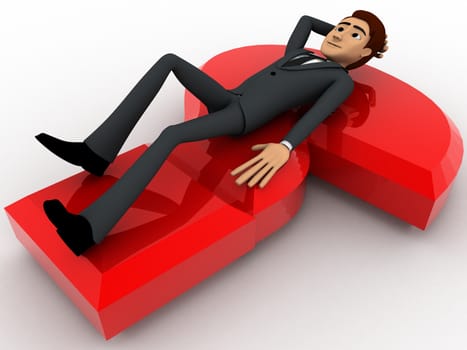 3d man lying on red question mark concept on white background side angle view