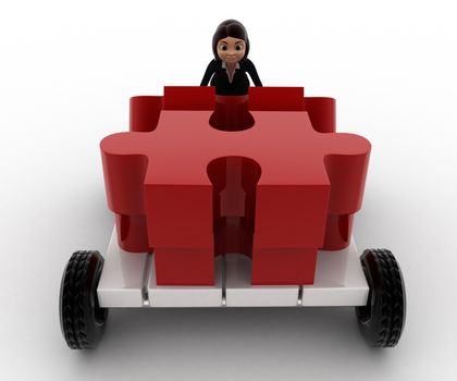 3d woman push puzzle piece on hand truck concept on white background, front angle view