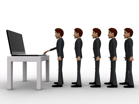 3d man in queue and working on laptop concept on white background, side angle view