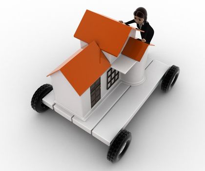 3d woman draw home on handtruck concept on white background, top angle view