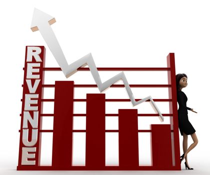 3d woman with revenue growth graph concept on white background, front angle view