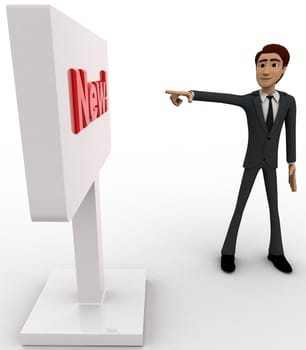 3d man pointing at new sign board concept on white background, side angle view