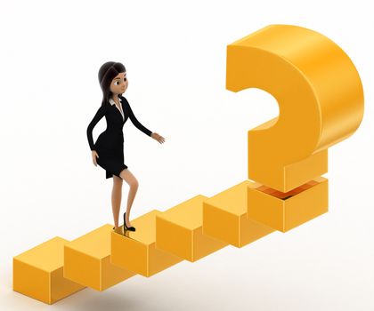 3d woman walking on stairs toward golden question mark concept on white background, side angle view