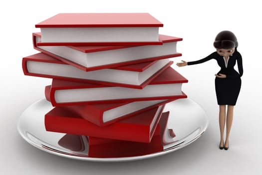 3d woman with many books on dish concept on white background, front angle view