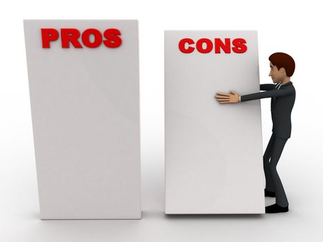3d man with prons and cons sign board concept on white background, front angle view