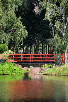 Red bridge in Chinese Garden located in Singapore