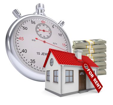 Timer with house for rent and stack of money on isolated white background