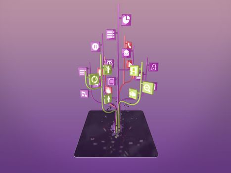 Social media icons set in tree shape on Modern black tablet pc