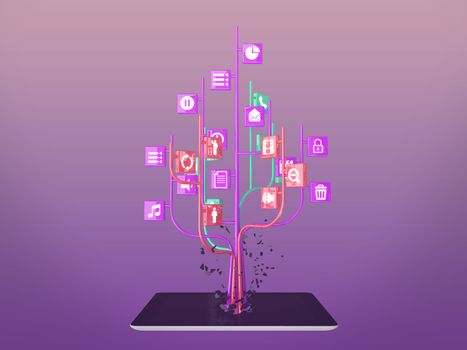 Social media icons set in tree shape on Modern black tablet pc