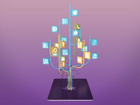 Social media icons set in tree shape on Modern black tablet pc