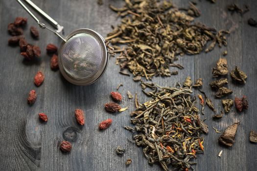 tea composition with cinnamon sticks, lemons