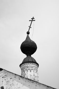 Falling cross destroyed the old Orthodox Church of the black and white background religion Christianity