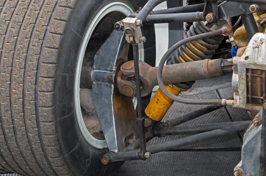 Survey the rear wheel of a racing car after the test drive.