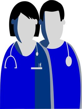 Graphic silhouettes of a female and a male doctors/ nurses are represented as symbols in shades of blue and grey colors.