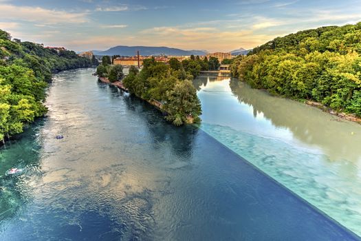 Rhone and Arve river confluence by sunset, Geneva, Switzerland, HDR