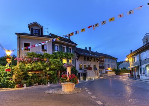 Hermance village fountain and houses in Geneva, Switzerland, HDR