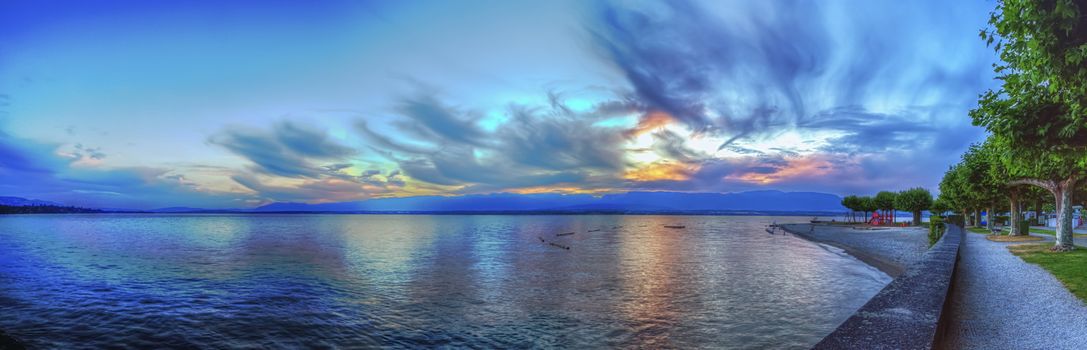 Hermance village lakeside by sunset in Geneva, Switzerland, HDR