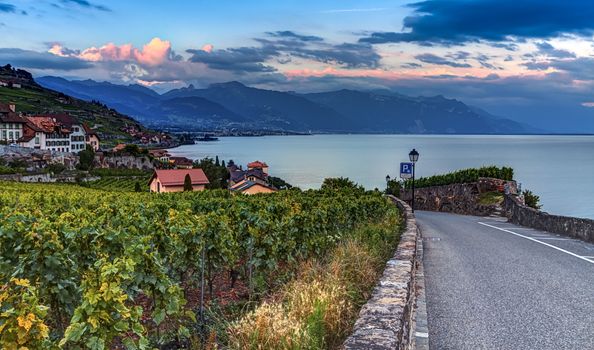 Lavaux region by sunset in Vaud, Switzerland, HDR