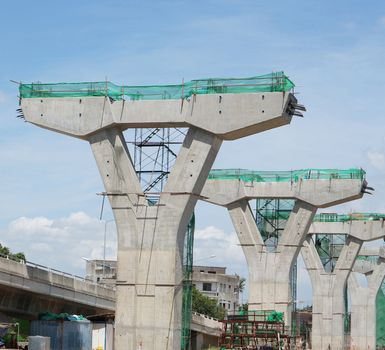 Sky train construction, cement pillars built for high-speed trains to run through.                              